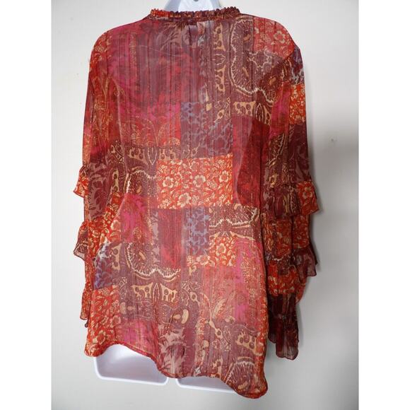 Frye and Co XXL Shirt Top Blouse Sheer Red Ruffle Boho Gauzy Layers Beach Festiv - Picture 4 of 9
